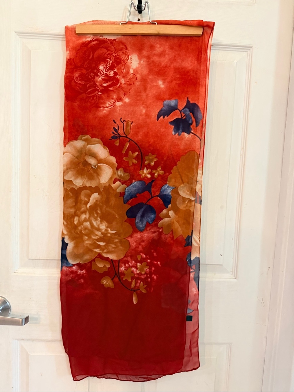 Unk Red Floral Silk Scarf with Gold and Blue Accents